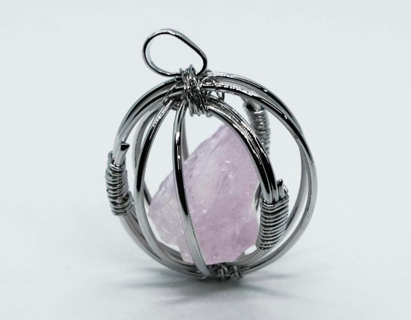 Rough Rose Quartz In Cage On S/P Necklace